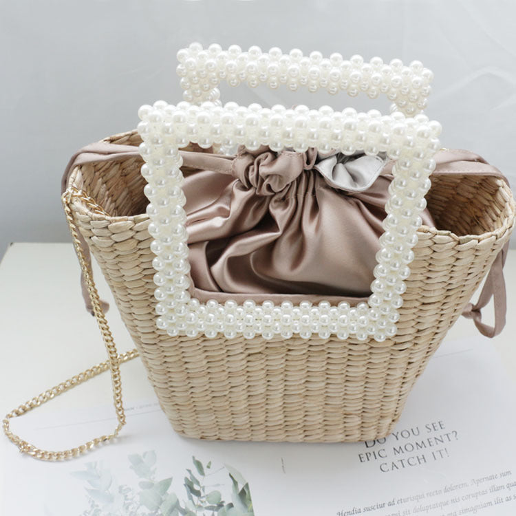 New Pearl Fashion Straw Bag Hand-Woven Shoulder Bag Seaside Vacation Designer Handbag Famous Brand Women Bags